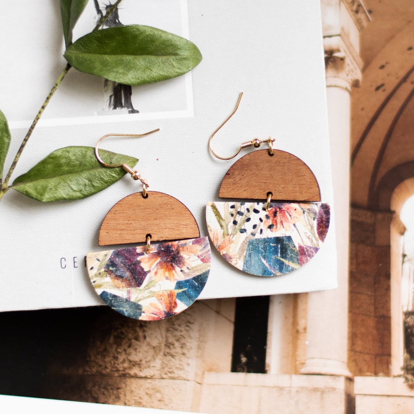 Wood and Floral Drop Earrings