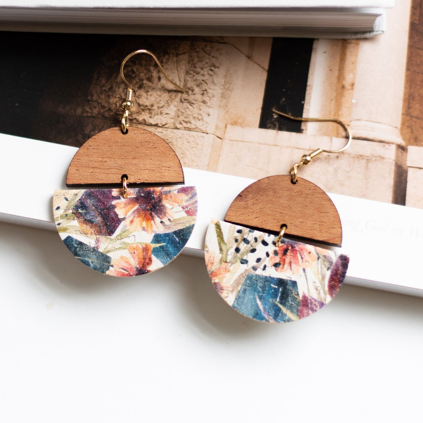 Wood and Floral Drop Earrings