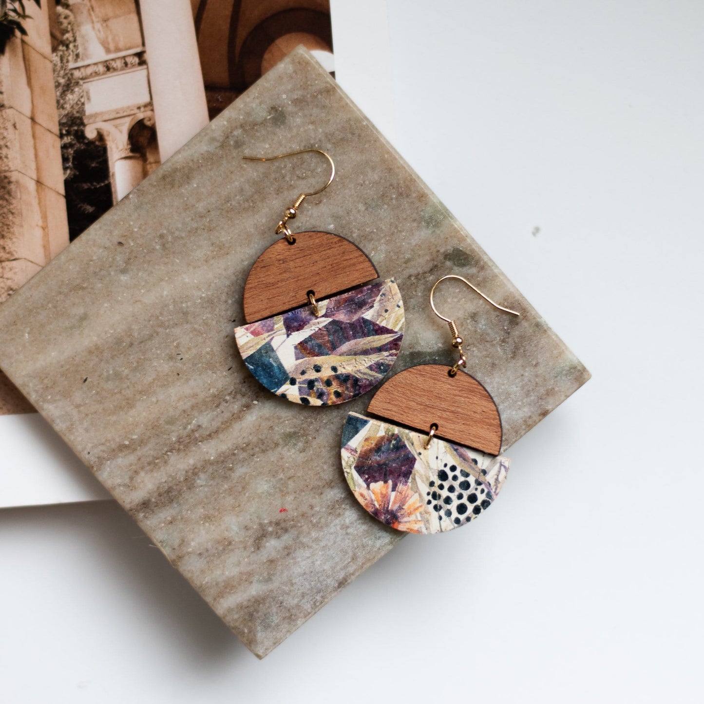 Wood and Floral Drop Earrings