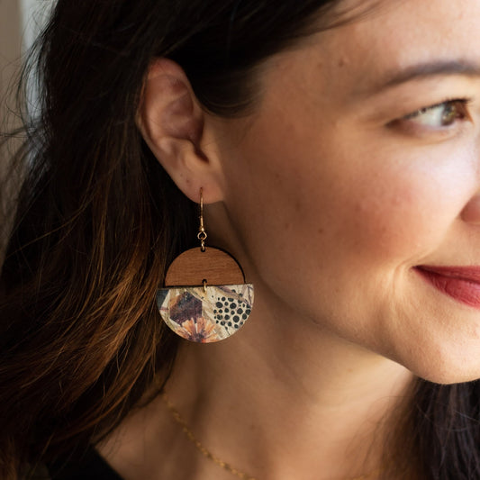 Wood and Floral Drop Earrings