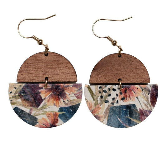 Wood and Floral Drop Earrings