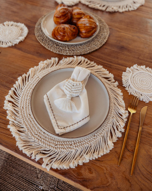 Cotton Macrame Napkins and Rings Set of 6