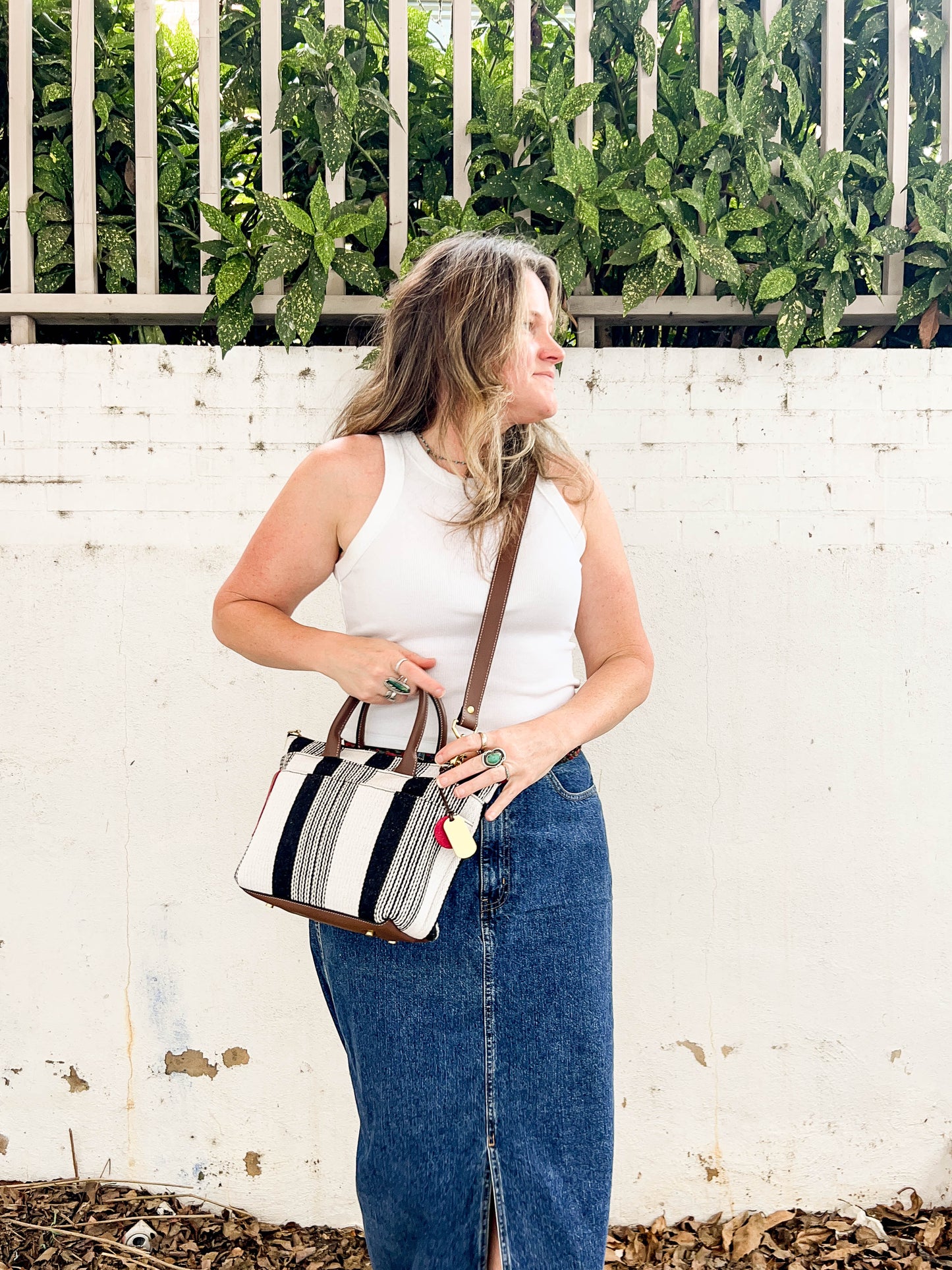 Black and White Woven + Brown Leather