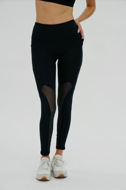 High-Rise Mesh Legging with Pockets - Black