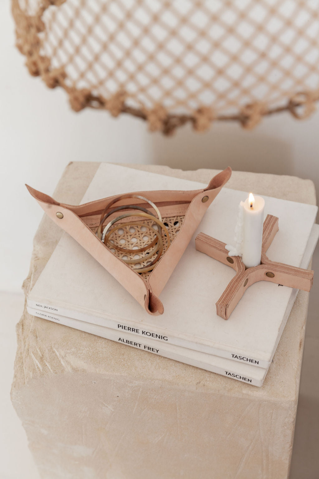 Leather and Cane Webbing Catch-all Tray